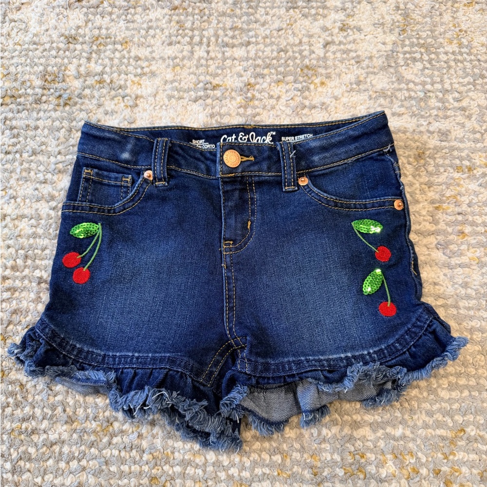 Cat & Jack Dark Blue Denim Shorts with Red Cherry Embroidery